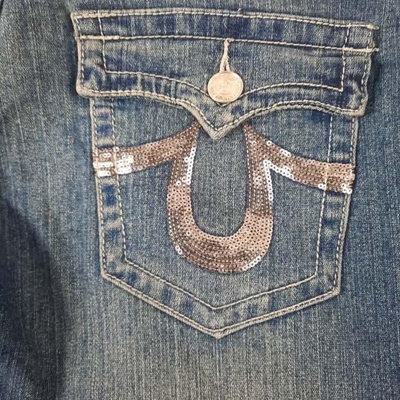 Size 30 True Religion Stretchy Jeans Metallic Silver Sequins & button pockets - Picture 5 of 12